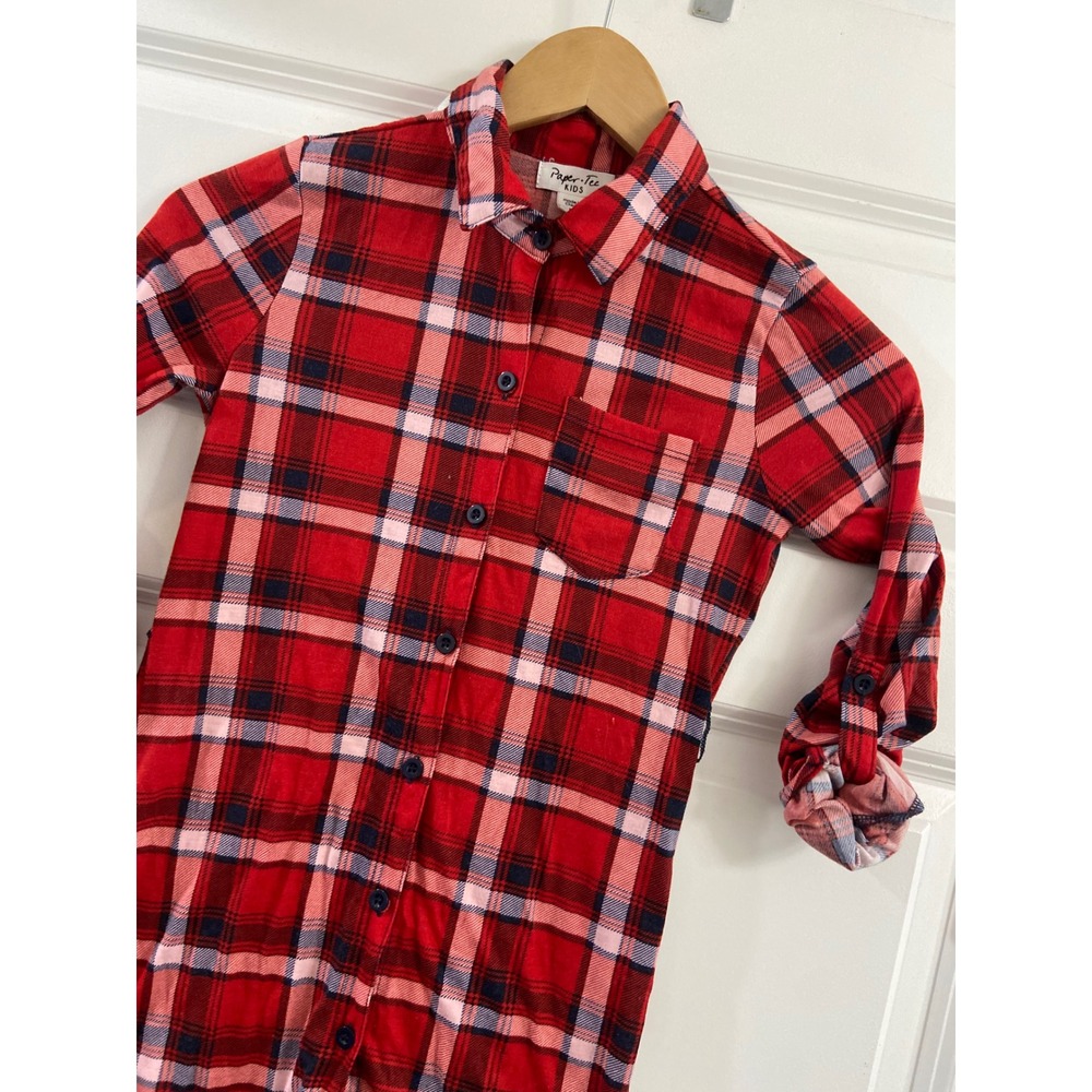 Paper Tee Kids Red Plaid Button Down Shirt Dress Roll Tab Sleeve Size 8 K8510K